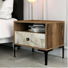 Dmora - Seraph Bedside Table, Low Chest of Drawers, Table, Multifunctional Bedside Table, 56 x 40 x 51 cm, Walnut and White Marble