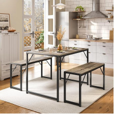 Bealife Dining Table Set for 4 People, Modern Kitchen Table Set with 2 Benches, 45.5 Inch 3-Piece Soho Dining Table Set with Metal Frame and MDF Top, Sturdy Structure, Space Saving Furniture (Grey)