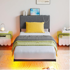 HOMERECOMMEND Schwimmender Einzelbettrahmen mit LED-Licht, 90 x 200 cm, Einzelbettgestell mit Ladestation, gepolstertes Bettgestell, Einzelbett mit Stauraum, 90 x 200 cm, Schwarz