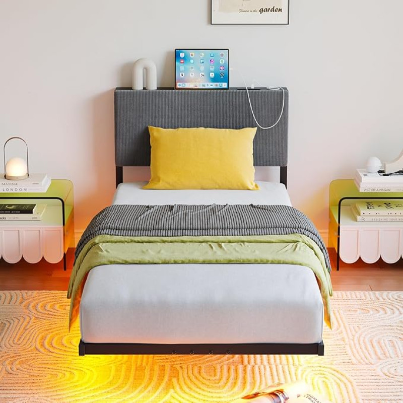 HOMERECOMMEND Schwimmender Einzelbettrahmen mit LED-Licht, 90 x 200 cm, Einzelbettgestell mit Ladestation, gepolstertes Bettgestell, Einzelbett mit Stauraum, 90 x 200 cm, Schwarz