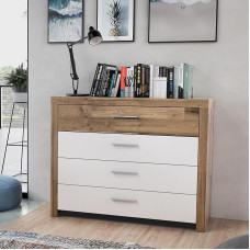 Forte Ricciano Sideboard 111 with 4 Drawers, Oak Decor/Matte White, 111 cm Wide x 88.1 cm High x 41 cm Deep