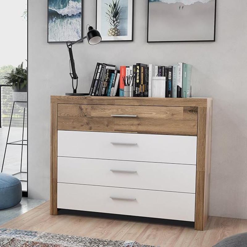 Forte Ricciano Sideboard 111 with 4 Drawers, Oak Decor/Matte White, 111 cm Wide x 88.1 cm High x 41 cm Deep