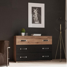 FORTE Dolce Sideboard 125, Sideboard with 3 Large Drawers and Contrast Handles, Plain Tungsten Grey/Black Oak Decor, 120.4 cm Wide x 82.4 cm High x 41.3 cm Deep