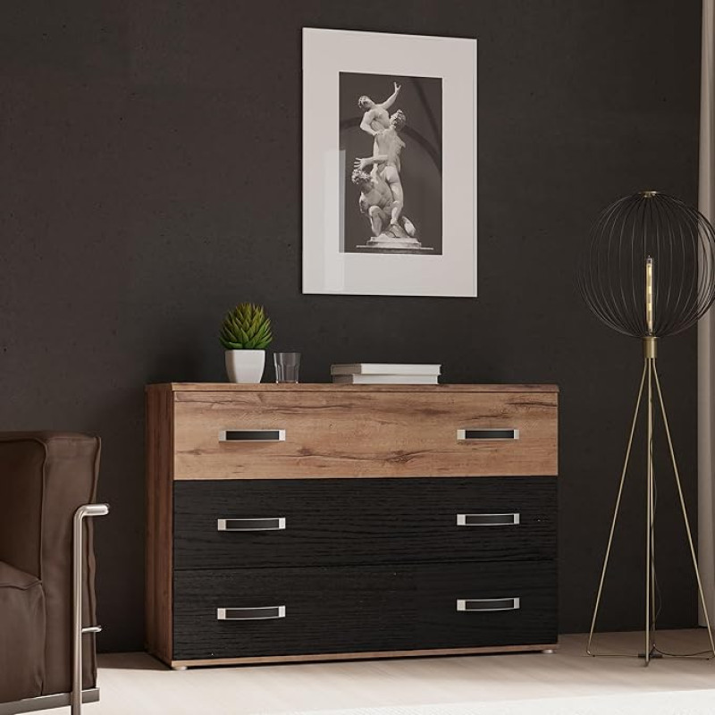 FORTE Dolce Sideboard 125, Sideboard with 3 Large Drawers and Contrast Handles, Plain Tungsten Grey/Black Oak Decor, 120.4 cm Wide x 82.4 cm High x 41.3 cm Deep