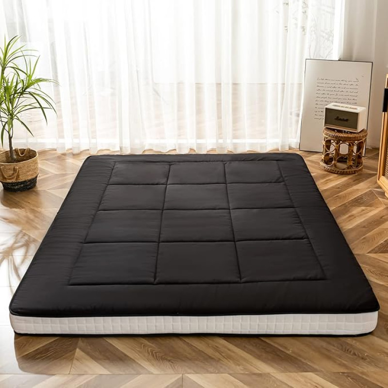 MAXYOYO Futon Mattress, Padded Japanese Floor Mattress, Quilted Bed Mattress Topper, Extra Thick Foldable Sleeping Mat, Breathable Floor Lounger, Guest Bed (Single Bed, Black)