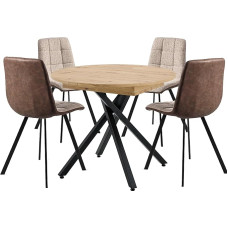 Mommahome® Round Extending Dining Table + 4 Industrial Style Chairs Oak with Metal Legs Combination of Wood and Metal (Fabric / Faux Leather Brown)