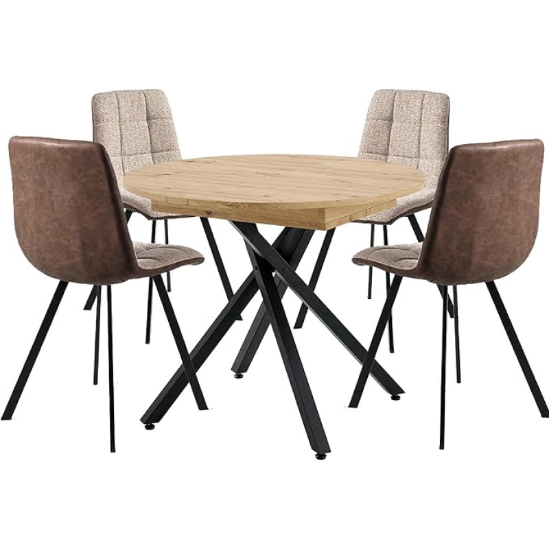 Mommahome® Round Extending Dining Table + 4 Industrial Style Chairs Oak with Metal Legs Combination of Wood and Metal (Fabric / Faux Leather Brown)