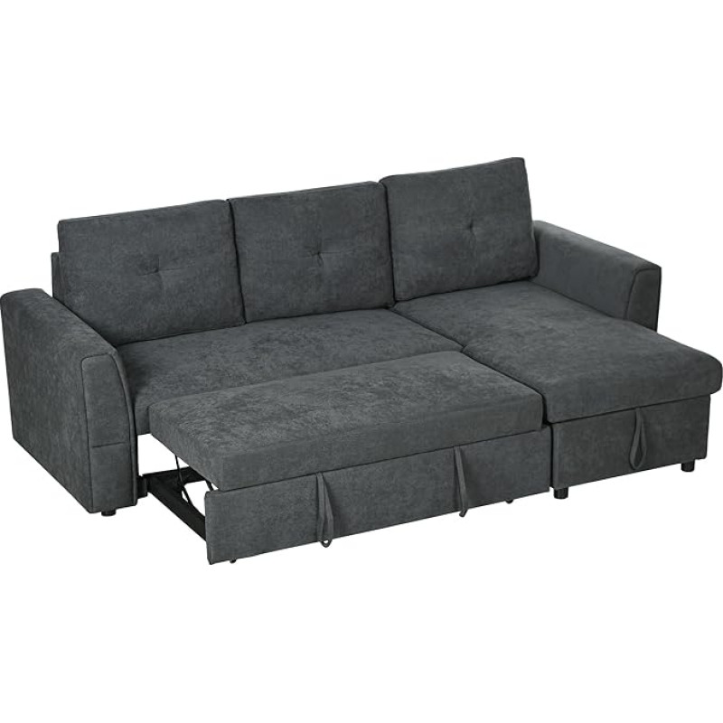 HOMCOM Corner Sofa Bed with Bed Function, 3-Seater Couch with Storage Space, Chaise Longue, Linen Look Upholstered Sofa for Living Room, Dark Grey
