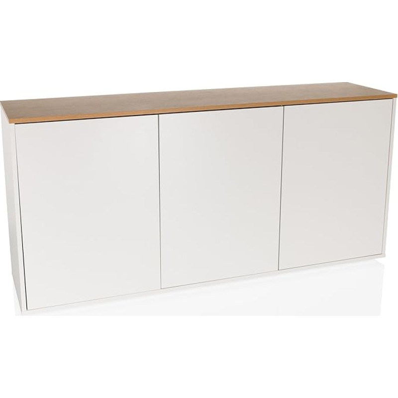 hjh LIVING KELO S Sideboard with 3 Doors, 160 x 40 x 76 cm, Push-to-Open, Handle-Free Design, Lots of Storage Space, White/Oak