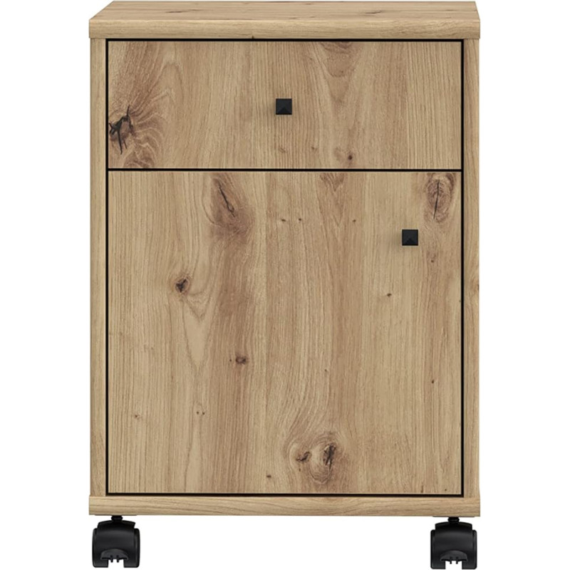 Forte Tempra 2 Rolling Containers with 1 Door and 1 Drawer, Wood Material, Artisan Oak Decor, W x H x D: 38.6 x 54.2 x 42 cm