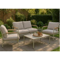 Mendler HWC-O11 Aluminium Garden Set, Outdoor 2-Seater Bench, Armchair, Sofa, Olefin (205 g/m²) - Light Green Upholstery Beige