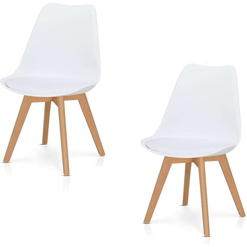 KHG Set of 2 Dining Room Chairs, Upholstered Chairs, Skandi Look, Chair Legs, Solid Beechwood, Plastic Seat Shell, Padded Faux Leather Seat Cushion, Modern & Easy Care, Maximum Load 150 kg, White