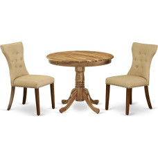East West Furniture ANGA3-ANA-03 3-teiliges Esszimmer-Set für kleine Räume, enthält einen runden Küchentisch mit Sockel und 2 Parsons-Stühlen aus braunem Leinenstoff, 91,4 x 91,4 cm, Natur