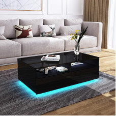 Coffee Table for Living Room, High Gloss Coffee Table with LED Lights, Rectangular Center Table with 4 Drawers and 4 Open Shelves, Home Office Furniture, 85 x 56 x 26 cm (Black)