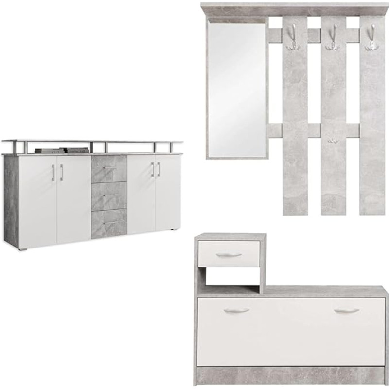 Stella Trading Lift Highboard with Shelf in Concrete Look, White and with Mirror Matte White - Compact Coat Rack Body Concrete Look - 100 x 190 x 26 cm (W x H x D)