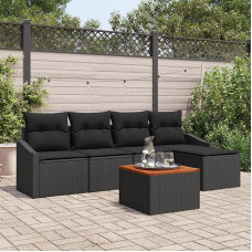 Rantry 6 teiliges Garten Sofa Set mit Kissen Schwarz Poly Rattan Akazienholz Gartenlounge Model3356490