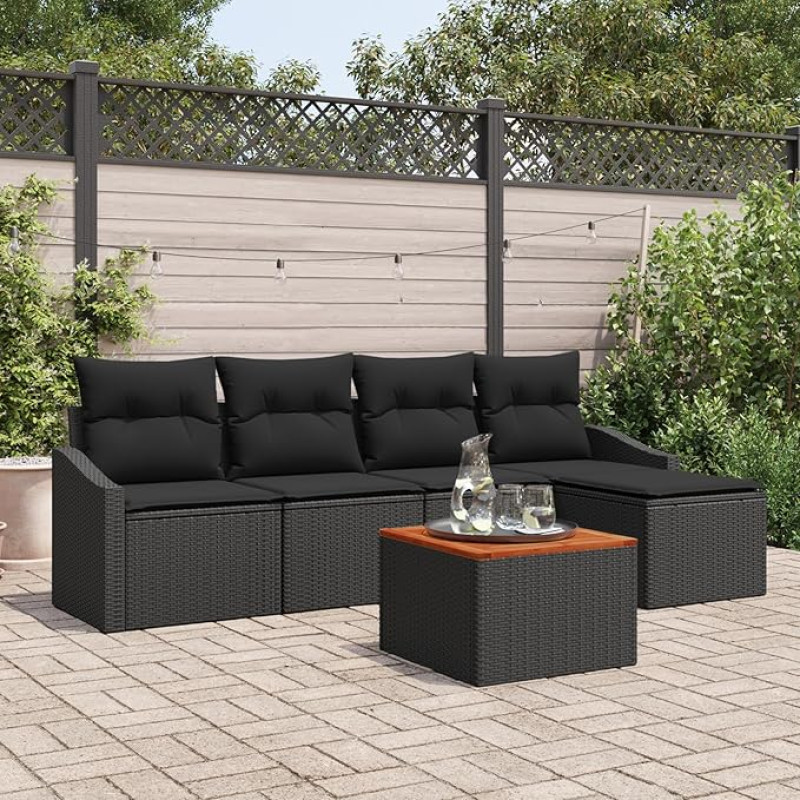 Rantry 6 teiliges Garten Sofa Set mit Kissen Schwarz Poly Rattan Akazienholz Gartenlounge Model3356490
