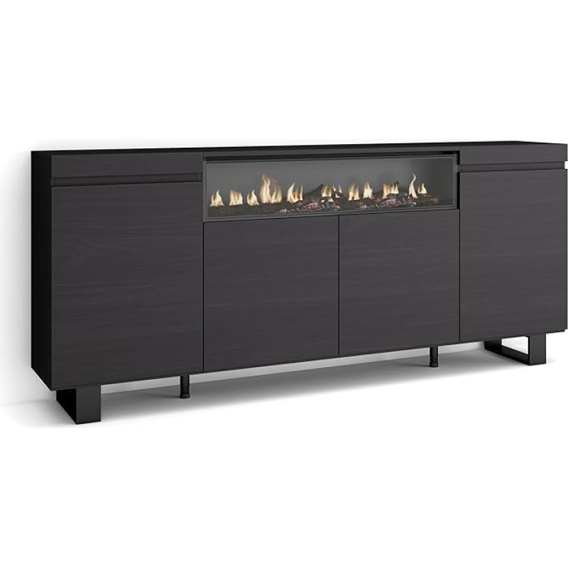 Skraut Home Sideboard, Highboard, Chest of Drawers, Comode Cabinet, 200 x 87 x 35 cm, 4 Doors, Electric Fireplace, Dimensions, Industrial Design, Modern Style, Black