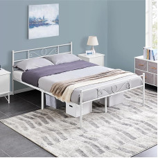 Yaheetech Metal Bed Frame Metal Bed Frame Double Bed for 140 x 200 cm Mattress Guest Bed for Small Rooms White