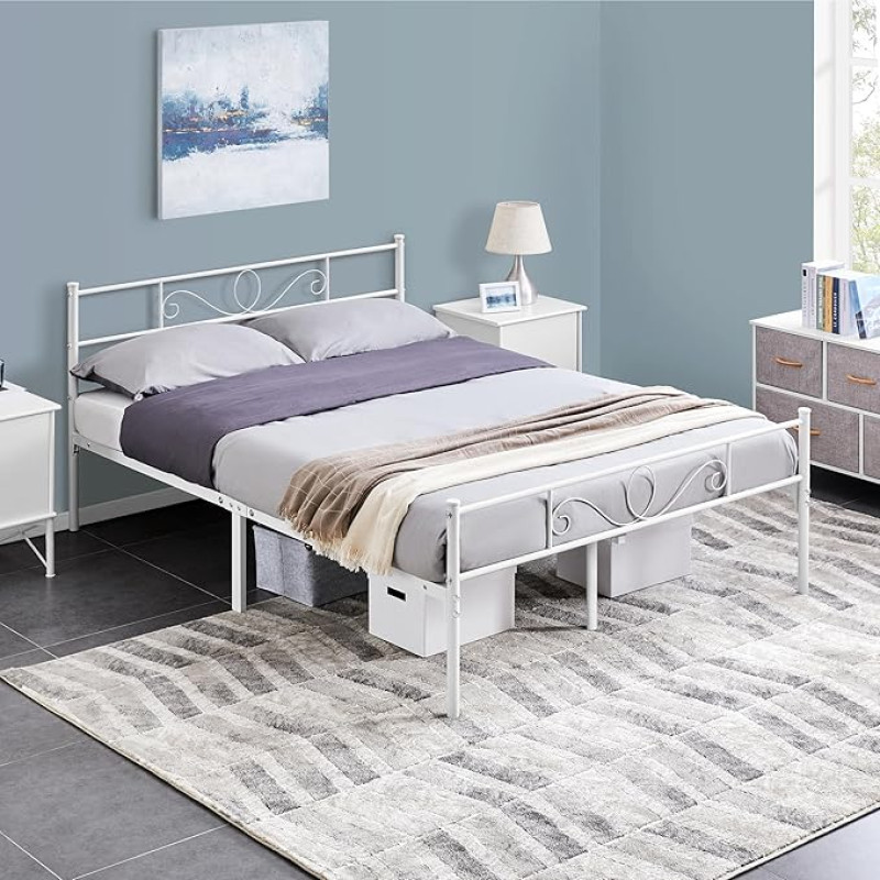 Yaheetech Metal Bed Frame Metal Bed Frame Double Bed for 140 x 200 cm Mattress Guest Bed for Small Rooms White