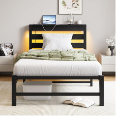 VERFARM 3ft x 7ft Single Bed Frame with Charging Station and LED Lights, Heavy Duty Metal Platform, Single 90 x 190 cm Bed Frame with Wooden Storage Headboard, No Box Spring Required