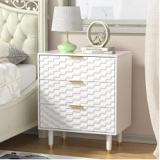 Skokliz Bedside Table, Wooden Side Table with 3 Hand Made Rattan, Decorated Drawers, 60 x 40 x 72 cm, White Embossing, Bedside Cabinet for Bedroom, Living Room