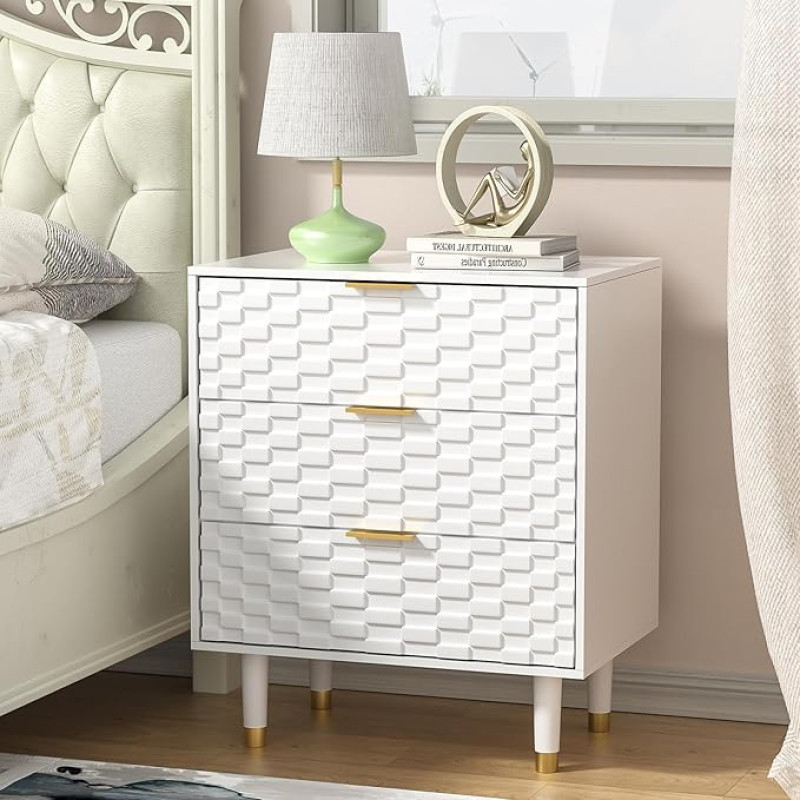 Skokliz Bedside Table, Wooden Side Table with 3 Hand Made Rattan, Decorated Drawers, 60 x 40 x 72 cm, White Embossing, Bedside Cabinet for Bedroom, Living Room