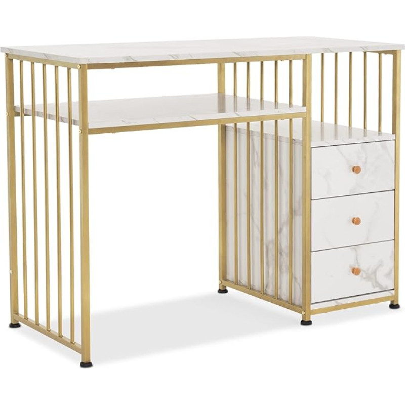 M MCombo 2407 Kirjutuslaud sahtlitega, riietuslaud ilma peeglita Marmor Valge kuld, naelutatud laud puidust, metallraamiga, arvutilaua elutuba kaasaegne, 109 x 45.5 x 81 cm, 109 x 45.5 x 81 cm