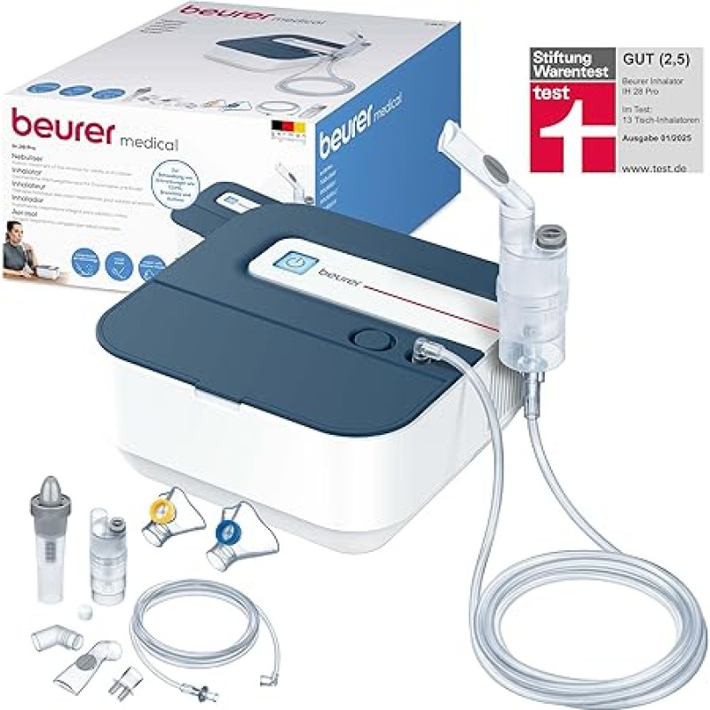 Beurer IH 28 Pro inhalaator, nebulisaatorikomplekt koos kõrgekvaliteediliste silikoonmaskide ja nina dušiga, kõrge udukogus, inhalatsiooniseade hingamisteede raviks, lastele ja täiskasvanutele