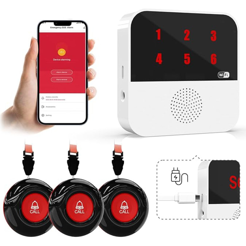 WiFi Caregiver Pager System Life Alert Systems for Seniors No Monthly Fee Call Bell for Patients at Home Fall Alarm Devices for Elderly People 3 SOS Call Buttons 1 Receiver