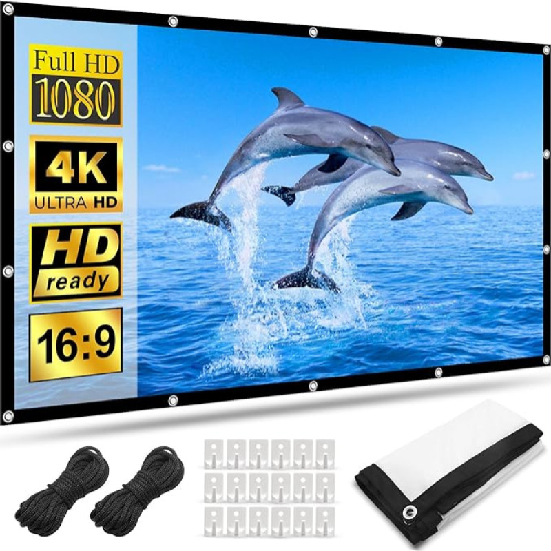 HOPFROG projektori ekraan 120 tolli, seinale paigaldatud 16:9 HD 4K projektori ekraan riputatav kahepoolne projektsioon kokkupandav projektsiooniekraan kodu kooli kohtumiseks