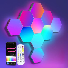 Hexagon LED Panel Wall Light, RGBIC Gaming LED Wall Panel Works with Alexa and Google Assistant, Smart Hexagon Wall Light App and Remote Control, Music Sync, DIY Gaming Setup, 10 Panels