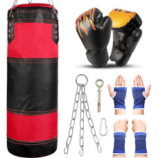 Odoland Punch Bag Set for Children and Teenagers, 7-in-1 Box Set with 2 ft Punch Bag, Unfilled, 6 oz Boxing Gloves, Steel Chain, Carabiner Hook, Protective Bands, Sandbag, Kickboxing, MMA, Martial