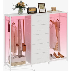 Trironsun 5 Drawers Chest of Drawers with Clothes Rack, Chest of Drawers with Clothes Rail, LED Lights, Wardrobe, Cabinet, Drawers, Charging Station, Flexible Shelf,