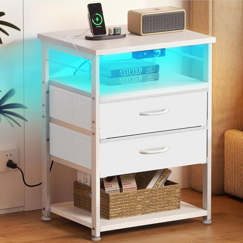 Coleshome White Bedside Table for Bedroom, with 2 USB and 1 Sockets and LED Light Strips, Bedside Tables with 2 Fabric Drawers and 2 Storage Spaces, Suitable for Small Bedrooms, 40 x 30 x 70 cm