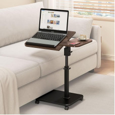 YUTVCZO Side Table with Wheels, Height Adjustable, Wooden Couch Side Tables, C Shape, 360° Rotating, Top Tilting Laptop Stand, TV Table for Sofa, Bed, Small Coffee Table for Living Room (Walnut)