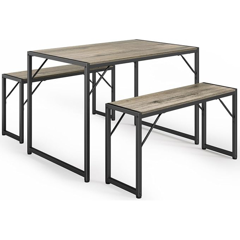 Bealife Dining Table Set of 3, Kitchen Table with 2 Benches, Space-Saving, Sturdy Steel Frame, 3-Piece Height Adjustable Table Feet, Easy Care Surface, for Dining Room and Kitchen (Grey)