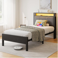 FOUBAM Bed 90 x 200, Bed Frame with Charging Station, Robust Metal Bed with Wooden Storage Headboard, Made of Fabric, Guest Bed, Youth Bed, Single Bed Frame, Metal with Slatted Frame, Black