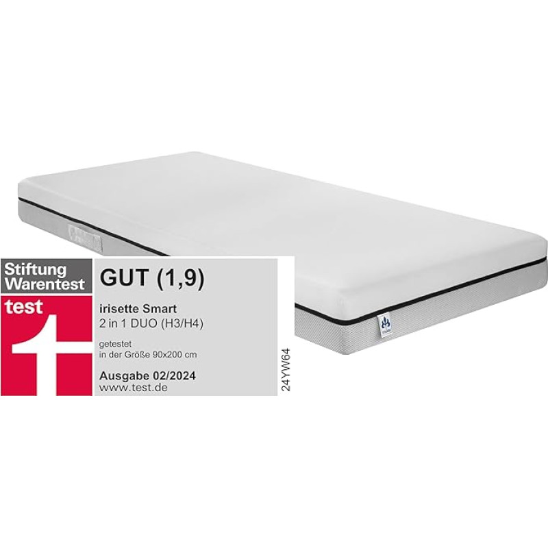 Irisette Smart 2-in-1 Duo 7-Zone Cold Foam Mattress, Stiftung Warentest Test Rating 1.9 (Edition 02/2024) Duo Hardness H3 and H4, 90 x 200 cm, Oeko-Tex Certified