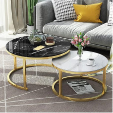 Round Metal Frame Stackable Coffee Table Set Marble Effect Glass Desk Top Nesting Tables for Home, Office, Living Room or Lounge, Gold Frame, 70cm, Black and 50cm, White