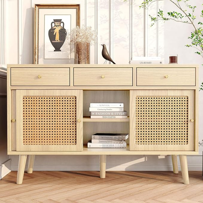 Merax Oak Sideboard with Rattan Fronts, 3 Drawers and 3 Sliding Doors, Adjustable Shelves and Gold Metal Handles