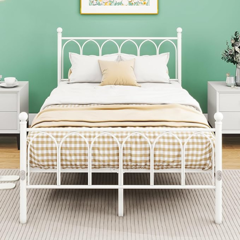 VERFARM Metal Bed 120 x 200 cm Bed Frame with Slatted Frame, Double Bed/Single Bed, Bed Frame with Headboard and Footboard, Guest Bed, Youth Bed for Bedroom, Guest Room, White