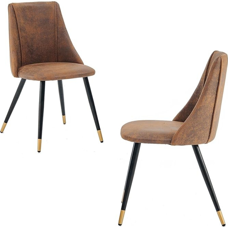 MEUBLE COSY Dining Room Chairs, Set of 2, Kitchen Chairs, Ergonomic Living Room Chair, Retro Armchair with Backrest, Seat Made of Vintage Artificial Suede, Metal Legs, Brown