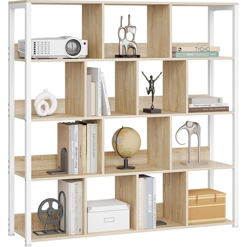 eSituro Standing Shelf, Bookcase with 4 Levels, Bookcase, Storage Shelf, Kitchen Shelf, Corner Shelf, Standing Shelf with Tilt Protections, Made of Metal, 120 x 30 x 120 cm, Light Oak White