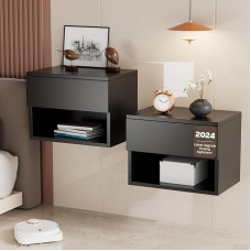 Kiseely Bedside Table Hanging Floating Bedside Cabinet with Drawers and Lots of Storage Space, Wooden Bedside Table, Shelf, Side Table Wood Modern for Bedroom (Black TY3, 2 Packs)