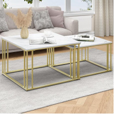 YITAHOME Modern Coffee Table Set of 2 for Living Room, White Grey Round Wooden Coffee Tables, Cocktail Tables, Side Table with Sturdy Gold Metal Frame