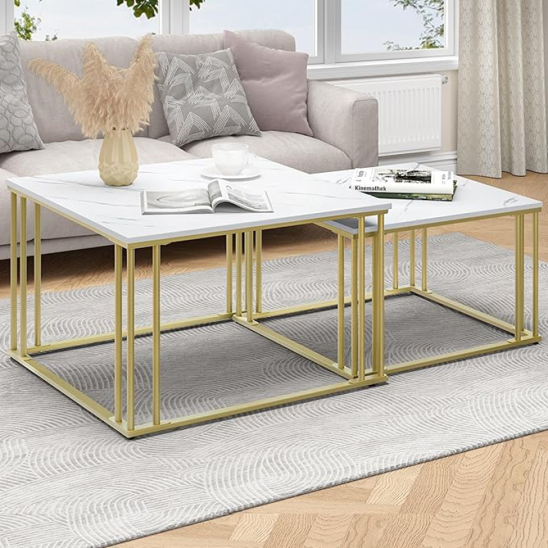 YITAHOME Modern Coffee Table Set of 2 for Living Room, White Grey Round Wooden Coffee Tables, Cocktail Tables, Side Table with Sturdy Gold Metal Frame