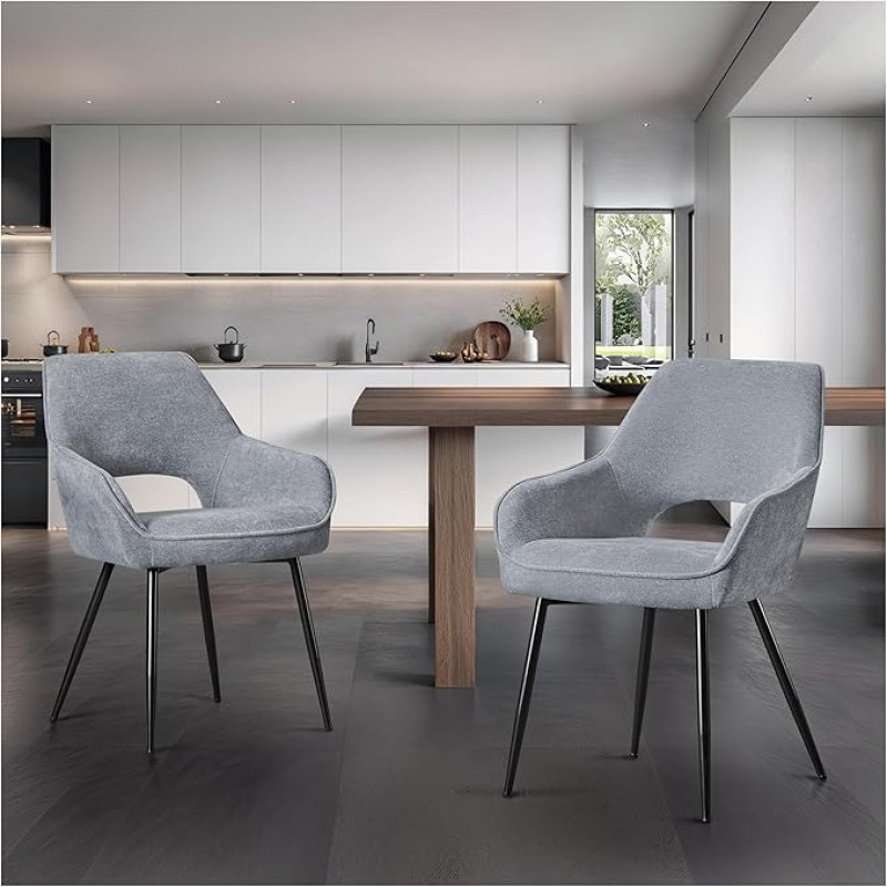 STOOLINK Set of 2 Modern Dining Room Chairs, Upholstered Chenille Dining Room Chairs, Kitchen Chairs with Cut-Out Backrest, Upholstered Chairs with Armrests for Dining Room, Living Room Chairs - Grey