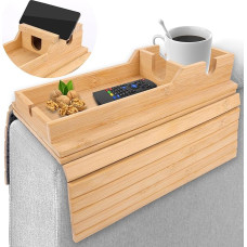 Bettoor Bambus-Couch-Arm-Tablett, 3-in-1 magnetischer Couch-Getränkehalter mit abnehmbarem 360°-Telefonhalter, faltbares Sofa-Armlehnen-Tablett Tisch mit Anti-Rutsch-Pad