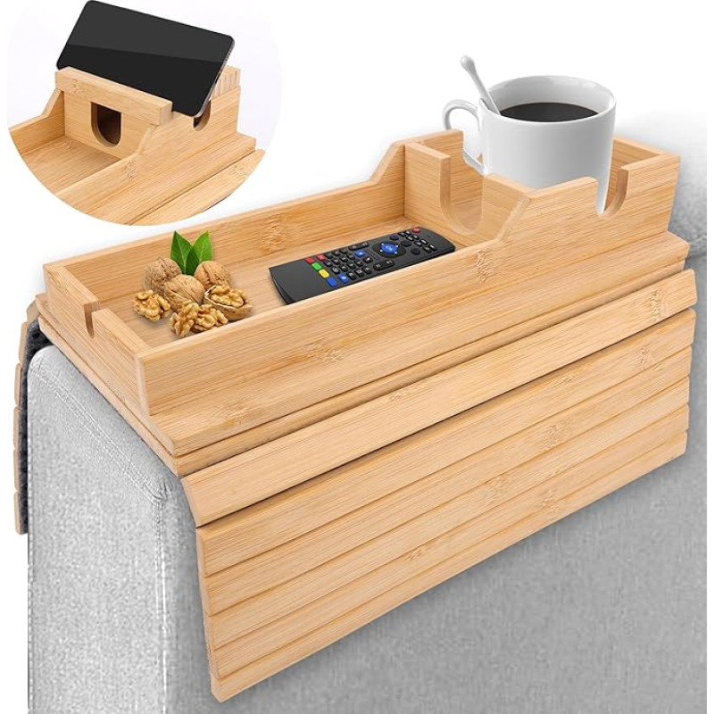 Bettoor Bambus-Couch-Arm-Tablett, 3-in-1 magnetischer Couch-Getränkehalter mit abnehmbarem 360°-Telefonhalter, faltbares Sofa-Armlehnen-Tablett Tisch mit Anti-Rutsch-Pad